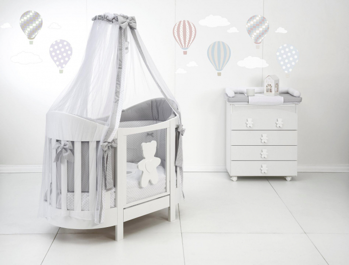 Patut oval din lemn masiv, cu sertar, laterala culisabila si inaltime reglabila a saltelei pentru bebe, EVA Soft cu saltea inclusa [2]