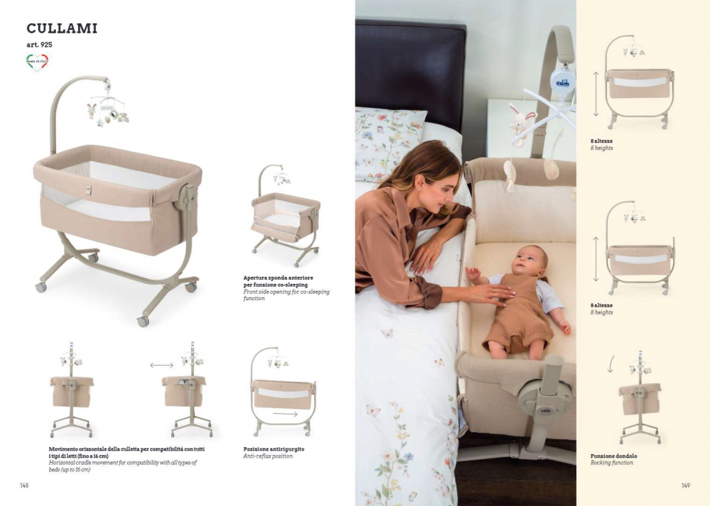 Patut cu leganare, Cullami, co-sleeper 2 in 1, Cu laterala culisanta, Cu setare unghiulara, Cu roti, Reglabil in 8 pozitii pe inaltime, Bej [12]
