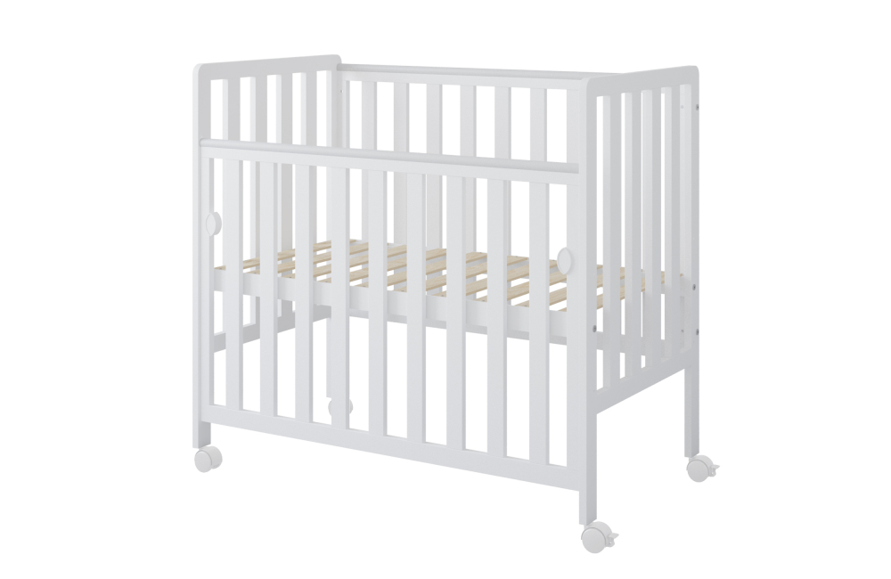 Pătuț din Lemn BAMBI Alb 100×50 cm Laterala culisantă · Roți cu blocare · Protecție silicon pentru dentiție · EN 716-1 [5]