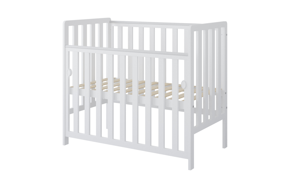 Pătuț din Lemn BAMBI Alb 100×50 cm Laterala culisantă · Roți cu blocare · Protecție silicon pentru dentiție · EN 716-1 [4]