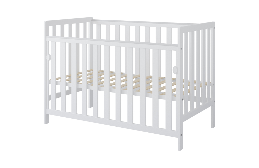 Pătuț din Lemn BAMBI Alb 120×60 cm Laterala culisantă · Roți cu blocare · Protecție silicon pentru dentiție · EN 716-1 [3]