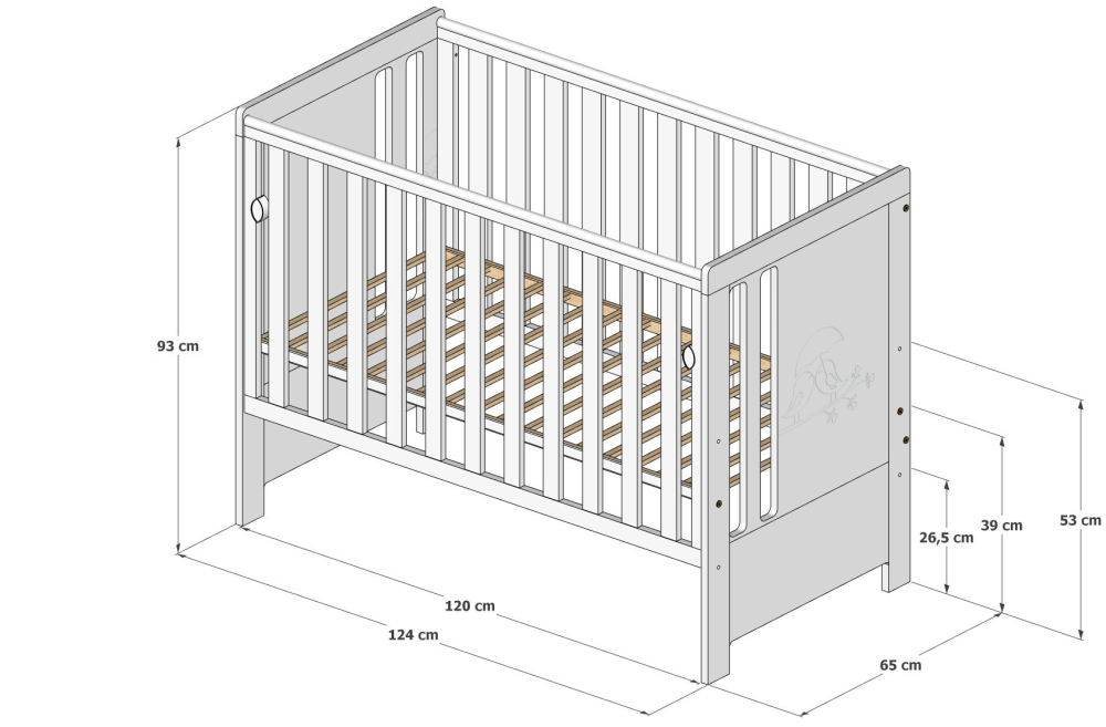 Pătuț din Lemn Păsărele Alb 120×60 cm Laterala culisantă · Protecție silicon pentru dentiție · EN 716-1 [7]