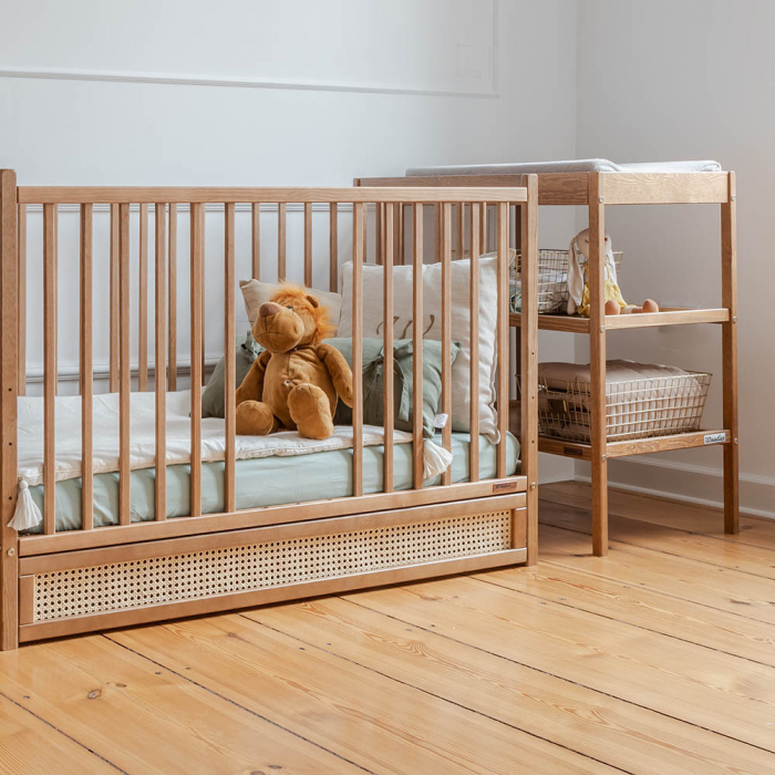 Patut cu sertar independent din lemn pentru bebe, inaltime saltea reglabila, Boho vintage 120×60 cm [3]