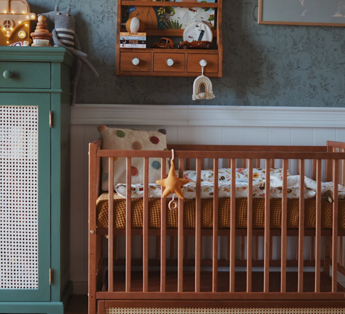 Patut cu sertar independent din lemn pentru bebe, inaltime saltea reglabila, Boho vintage 120×60 cm [9]