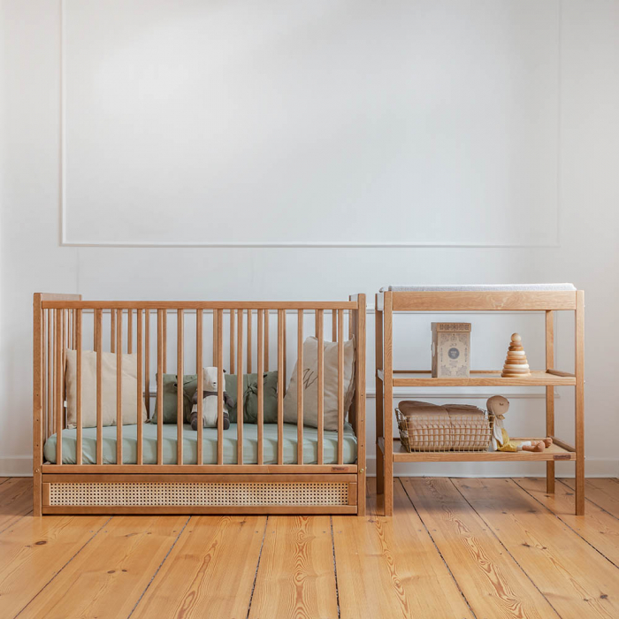 Patut cu sertar independent din lemn pentru bebe, inaltime saltea reglabila, Boho vintage 120×60 cm [2]