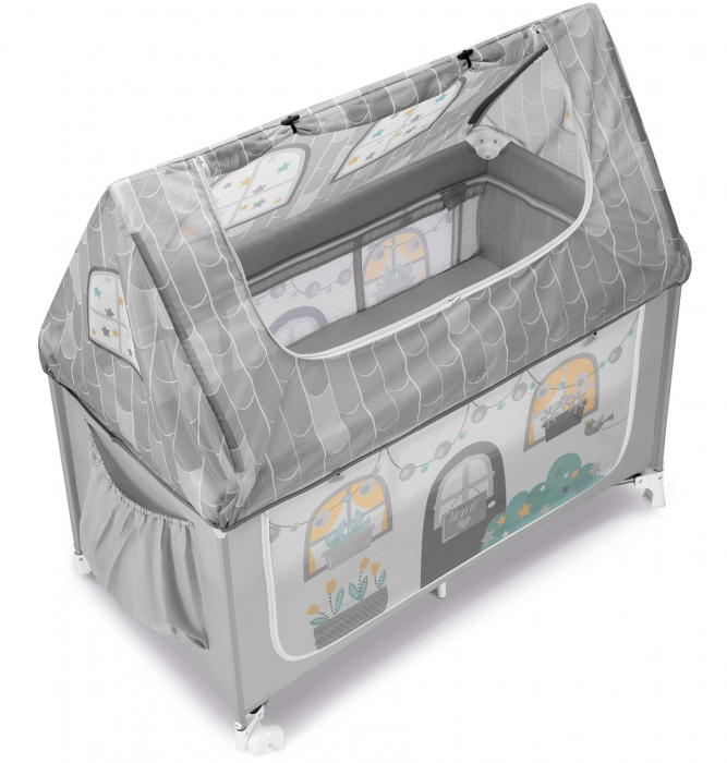 Patut pliant voiaj cu doua niveluri de inaltime, ultraportabil pentru copii "Daily Dolci Sogni", usor de transportat, ideal pentru calatorii, material rezistent cu protectii laterale si saltea inclusa [6]