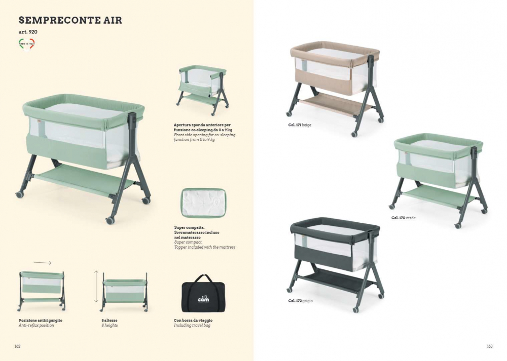 Patut, Sempreconte Air, co-sleeper 2 in 1, Cu laterala culisanta, Cu setare unghiulara, Cu roti, Geanta voiaj, Reglabil in 8 pozitii pe inaltime, Mint [9]