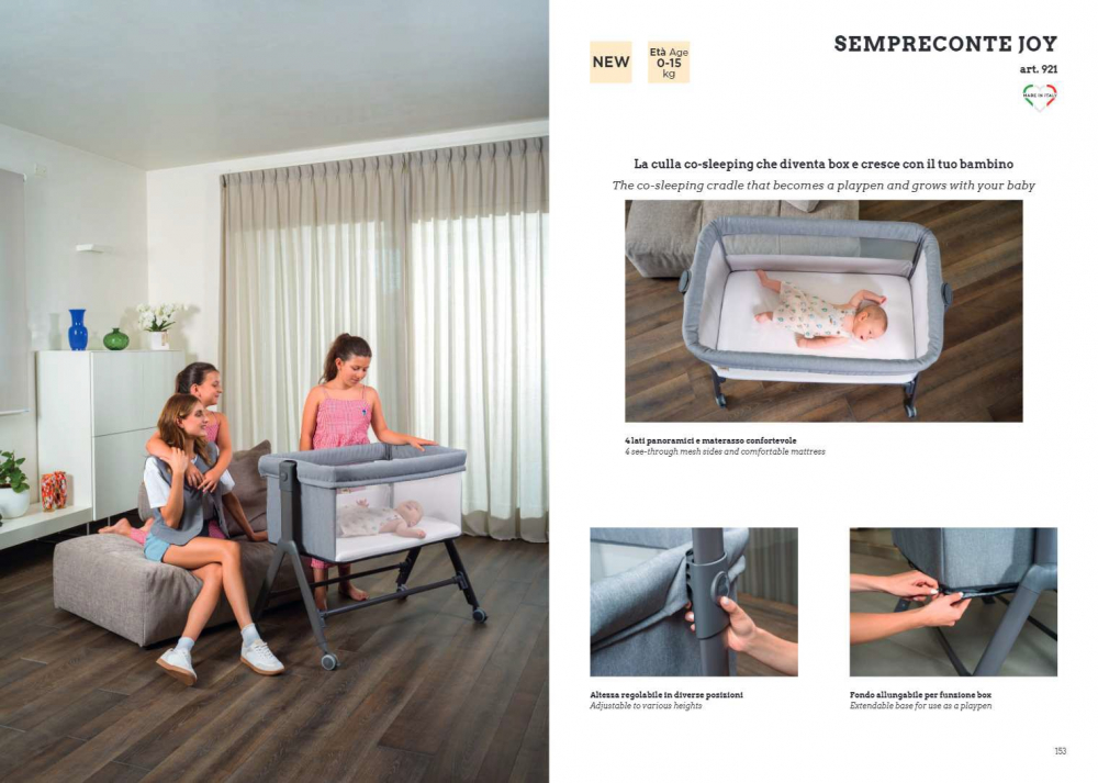 Patut, Sempreconte Joy, co-sleeper si tarc 2 in 1, Cu laterala culisanta, Cu setare unghiulara, Cu roti, Geanta voiaj, Reglabil in 8 pozitii pe inaltime, 0-15 kg, Bej [9]