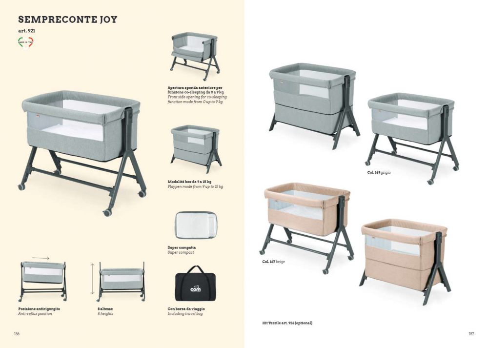 Patut, Sempreconte Joy, co-sleeper si tarc 2 in 1, Cu laterala culisanta, Cu setare unghiulara, Cu roti, Geanta voiaj, Reglabil in 8 pozitii pe inaltime, 0-15 kg, Bej [11]