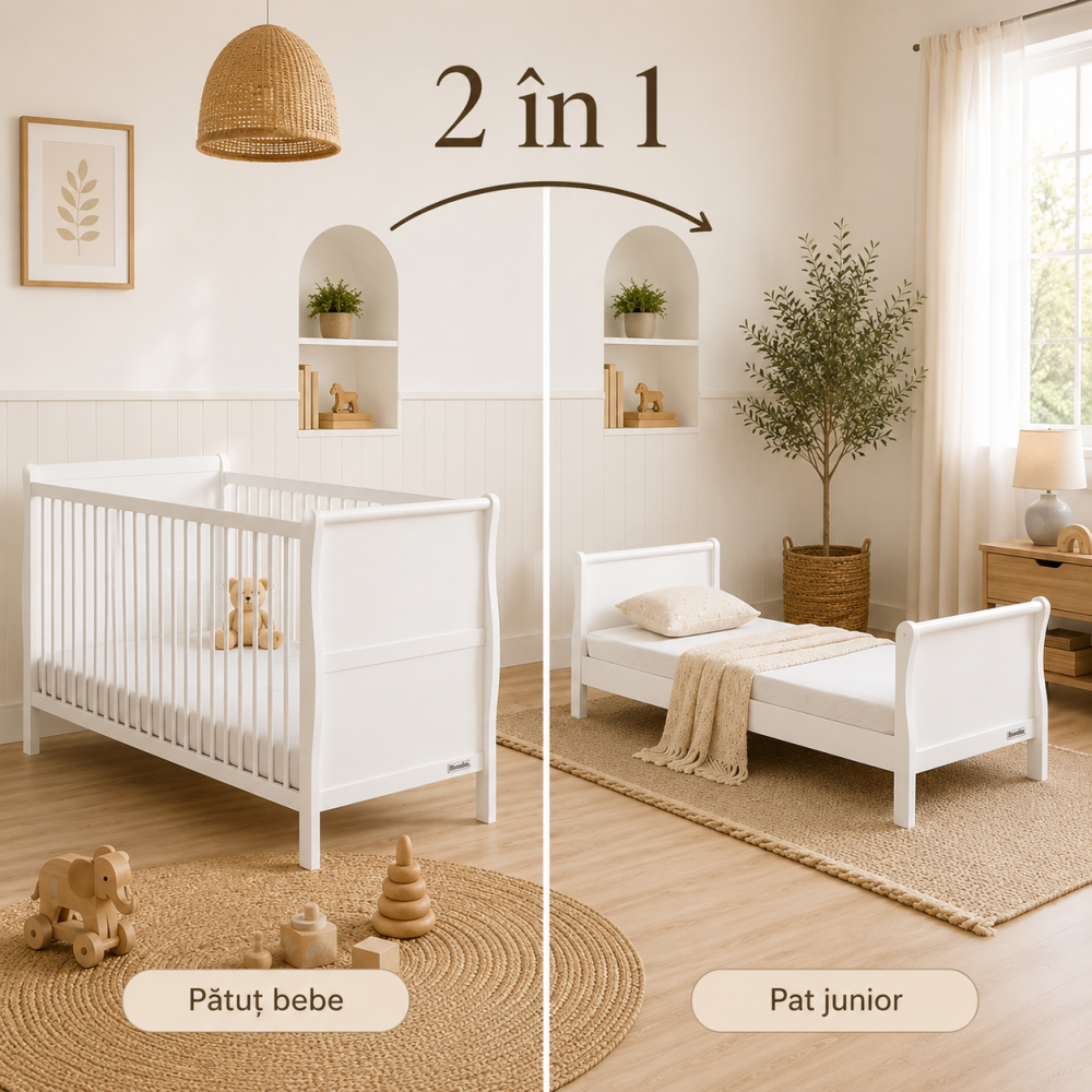 Pătuț Vintage Woodies Safe Dreams Noble 140x70 cm, Alb, 2în1 Bebe-Junior [1]