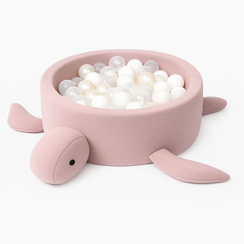 Piscină cu bile Bouclé pentru copii MeowBaby® Turtle – Raspberry Glaze Pink, 200 bile incluse, material reciclat certificat OEKO-TEX® [1]