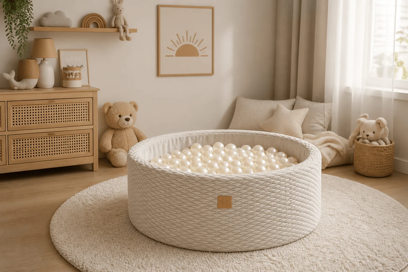 Piscină cu Bile MeowBaby Dune 90x30cm Bej Nisipiu – 200 Bile Incluse (Culoare la Alegere), Material Catifea Premium, Husă Lavabilă [2]