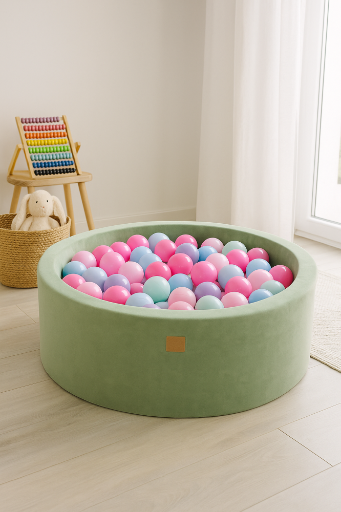 Piscină cu bile rotundă MeowBaby® Velvet sage Olive 90x30 cm, cu 200 bile: Roz Pastel / Roz Deschis / Mint / Baby Blue [1]