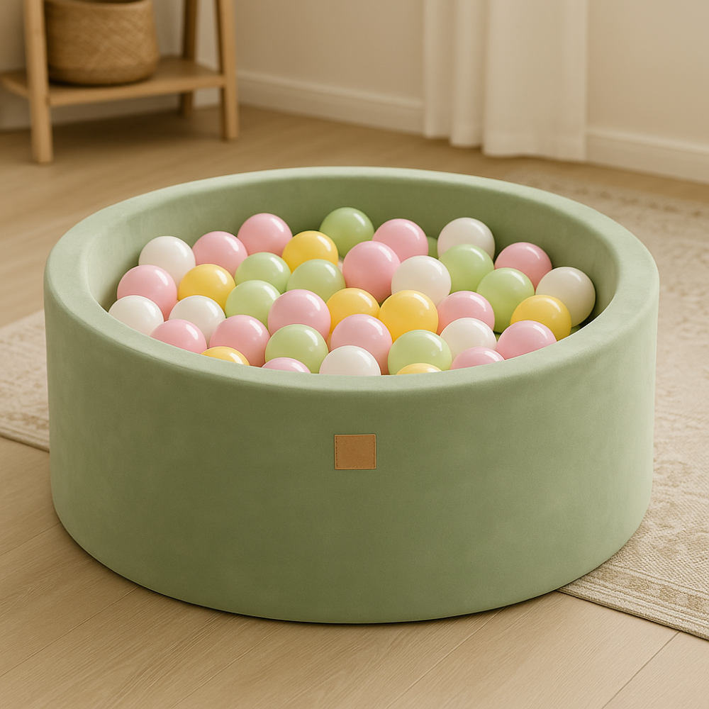 Piscină cu bile rotundă MeowBaby® Velvet sage Olive 90x30 cm, cu 200 bile: Alb Perlat / Verde deschis / Roz Pastel / Galben Pastel [1]