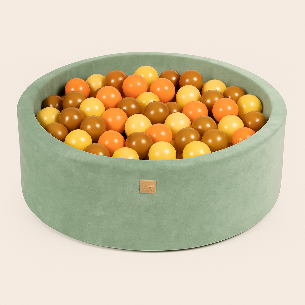 Piscină cu bile rotundă MeowBaby® Velvet sage Olive 90x30 cm, cu 200 bile: Piersică / Galben pastel / Auriu [1]