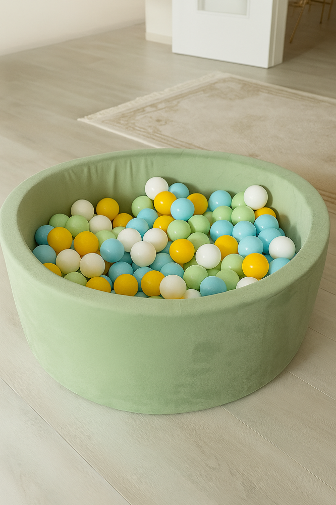 Piscină cu bile rotundă MeowBaby® Velvet sage Olive 90x30 cm, cu 200 bile: Verde deschis, baby Blue, Alb, Galben [1]