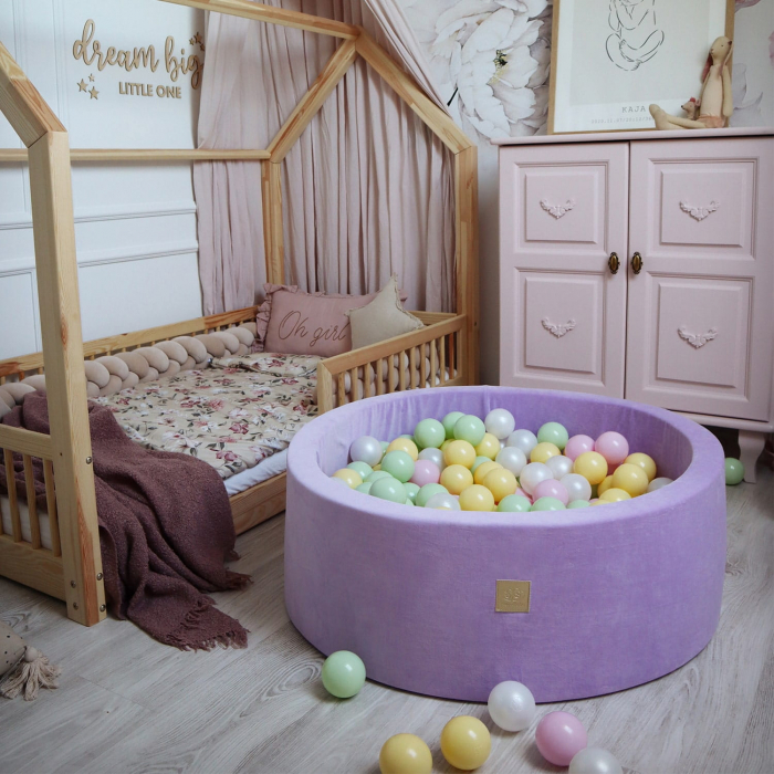 Piscina uscata cu 250 de bile (Pastel Roz si Galben, verde deschis, alb perlat) MeowBaby®, Hocus Crocus, 90x30 cm, Catifea Lila [6]