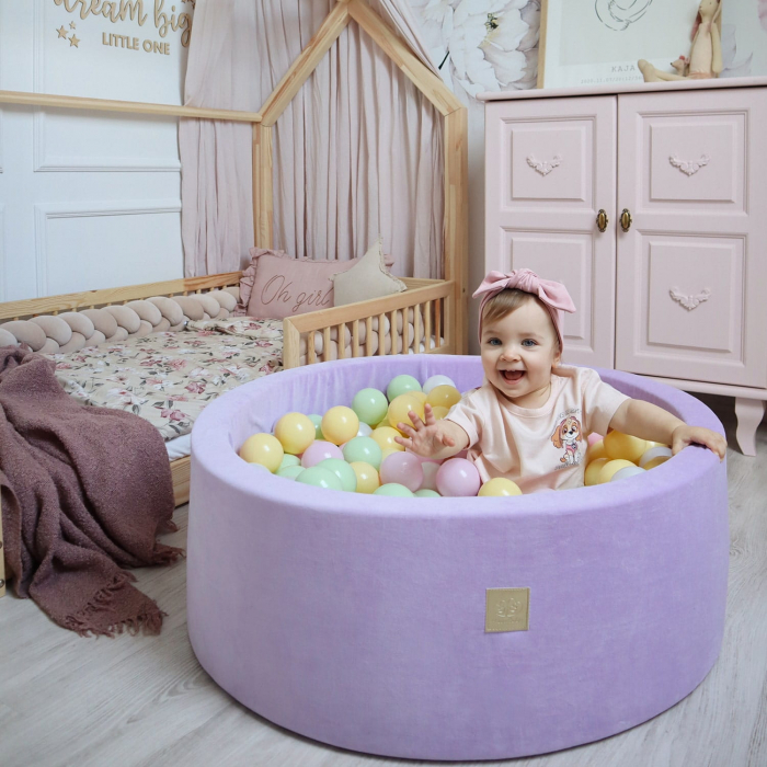 Piscina uscata cu 250 de bile (Pastel Roz si Galben, verde deschis, alb perlat) MeowBaby®, Hocus Crocus, 90x30 cm, Catifea Lila [5]