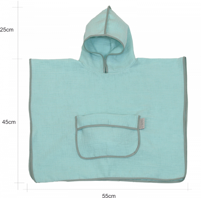 Prosop din bumbac muselina cu gluga si buzunar pentru bebelusi si copii, Poncho, Mint, 60x65 cm [5]