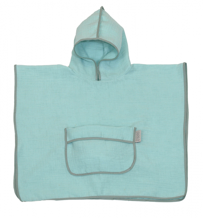 Prosop din bumbac muselina cu gluga si buzunar pentru bebelusi si copii, Poncho, Mint, 60x65 cm [3]