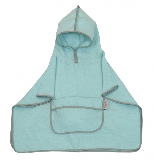 Prosop din bumbac muselina cu gluga si buzunar pentru bebelusi si copii, Poncho, Mint, 60x65 cm [2]