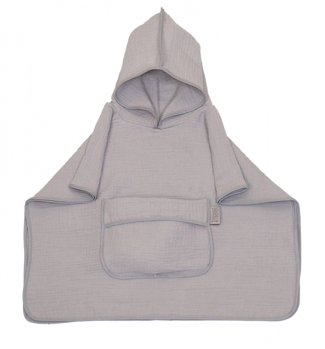 Prosop din bumbac muselina cu gluga si buzunar pentru bebelusi si copii, Poncho, Gri, 60x65 cm [2]