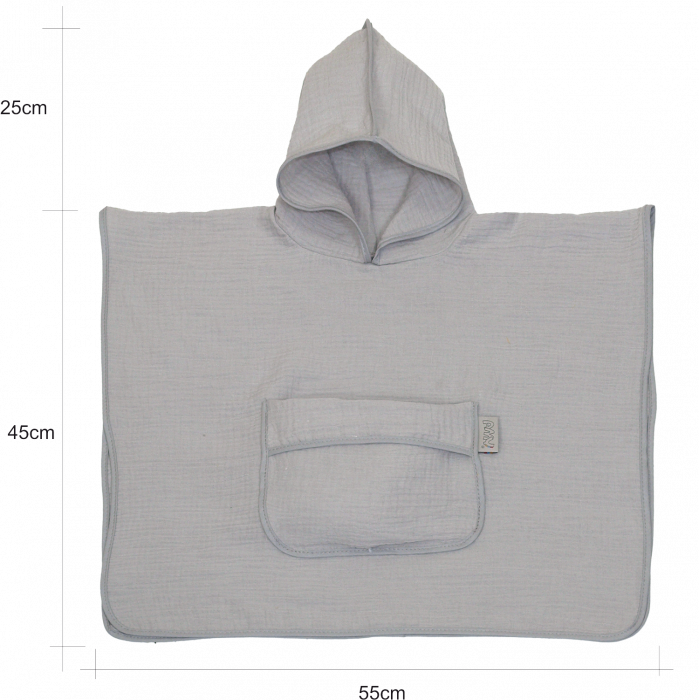Prosop din bumbac muselina cu gluga si buzunar pentru bebelusi si copii, Poncho, Gri, 60x65 cm [5]