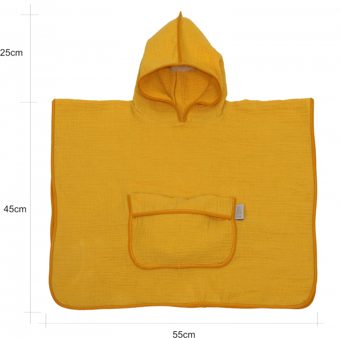 Prosop din bumbac muselina cu gluga si buzunar pentru bebelusi si copii, Poncho, Galben, 60x65 cm [5]
