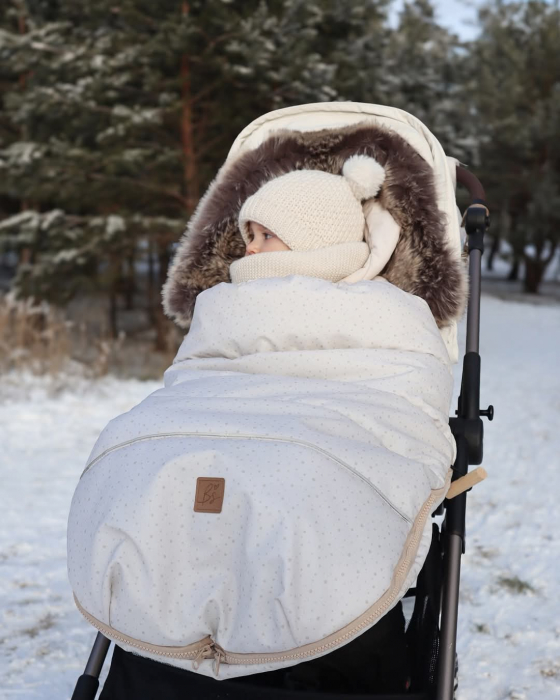 Sac de dormit de iarna pentru carucior cu centuri de siguranta in 5 puncte, cu blană detașabilă, fermoare laterale, impermeabil si plus, umplutura fleece, 105x48cm, 0-36 luni, Bej [10]