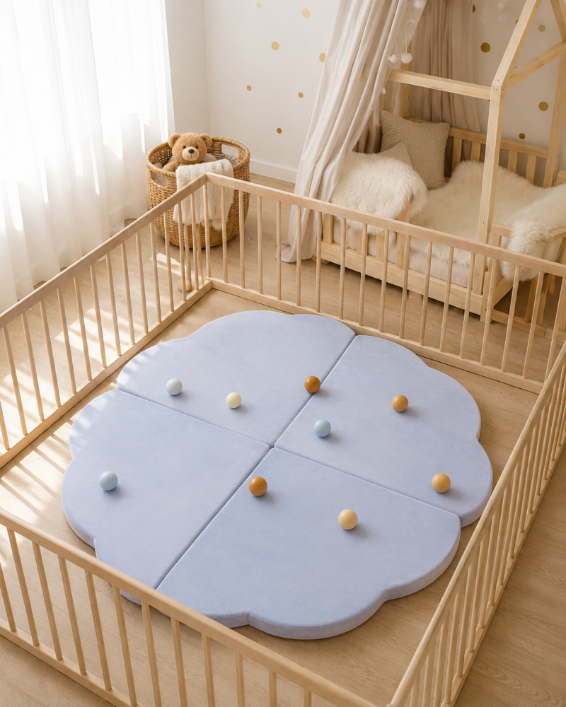 Saltea din Spumă MeowBaby Formă de Nor 160x160cm Baby Blue – Spațiu de Joacă Multifuncțional, Pliabilă, Velur OEKO-TEX | 0-8 ani [2]