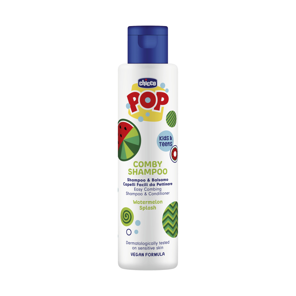 Sampon si balsam de par 2 in 1 Chicco POP cu aroma de pepene rosu, formula vegana, pentru copii si adolescenti, 250 ml [1]