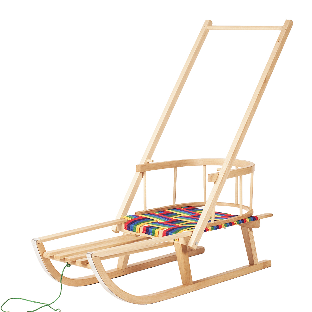 Sanie Ultimate Plus din lemn cu spătar, șezut textil și împingător – model premium pentru copii | Sanie fag cu mâner și cablu de tras [2]