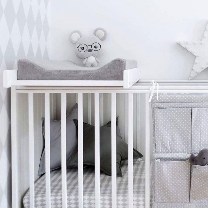 Masa de infasat din lemn, atasabila la patut bebe 120x60 si 140x70 cm, Alb, 86 x 51 x 7 cm, inclus Saltea din spuma, husa detasabila bumbac, Woodies, 40 x 70 cm [5]
