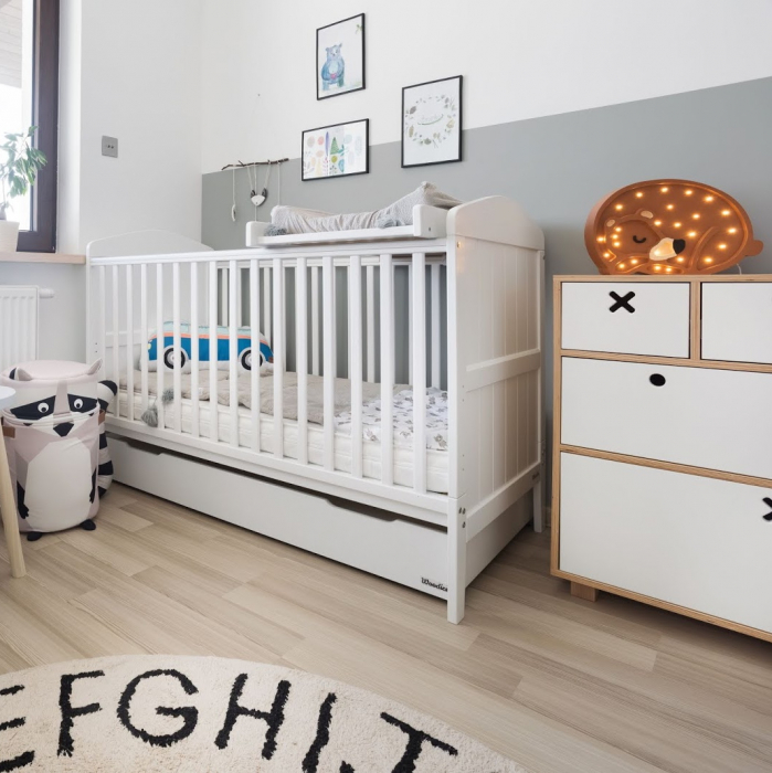 Masa de infasat din lemn, atasabila la patut bebe 120x60 si 140x70 cm, Alb, 86 x 51 x 7 cm, inclus Saltea din spuma, husa detasabila bumbac, Woodies, 40 x 70 cm [9]