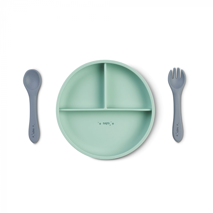 Set diversificare bebeluși, silicon alimentar premium, 4 piese – farfurie sectionata, linguriță, furculita, cană –  “Food & Fun” Mint [2]