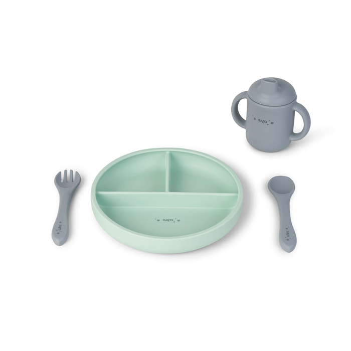 Set diversificare bebeluși, silicon alimentar premium, 4 piese – farfurie sectionata, linguriță, furculita, cană –  “Food & Fun” Mint [1]