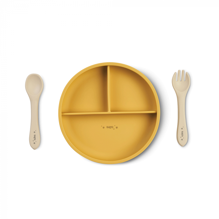 Set diversificare bebeluși, silicon alimentar premium, 4 piese – farfurie sectionata, linguriță, furculita, cană –  “Food & Fun” Mustard [2]