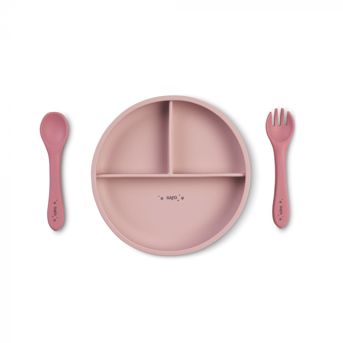 Set diversificare bebeluși, silicon alimentar premium, 4 piese – farfurie sectionata, linguriță, furculita, cană –  “Food & Fun” Pink [2]