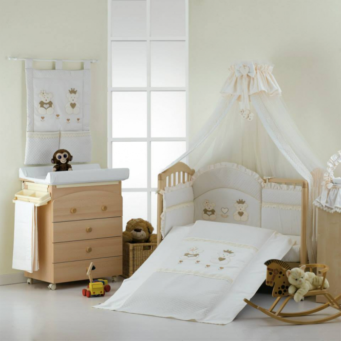 Set Lenjerie de lux din bumbac cu broderie, protectie laterala, pilota, pentru pat bebelusi, Real Bears Ivory, Italia [3]