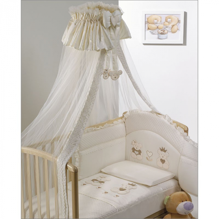 Set Lenjerie de lux din bumbac cu broderie, protectie laterala, pilota, pentru pat bebelusi, Real Bears Ivory, Italia [4]