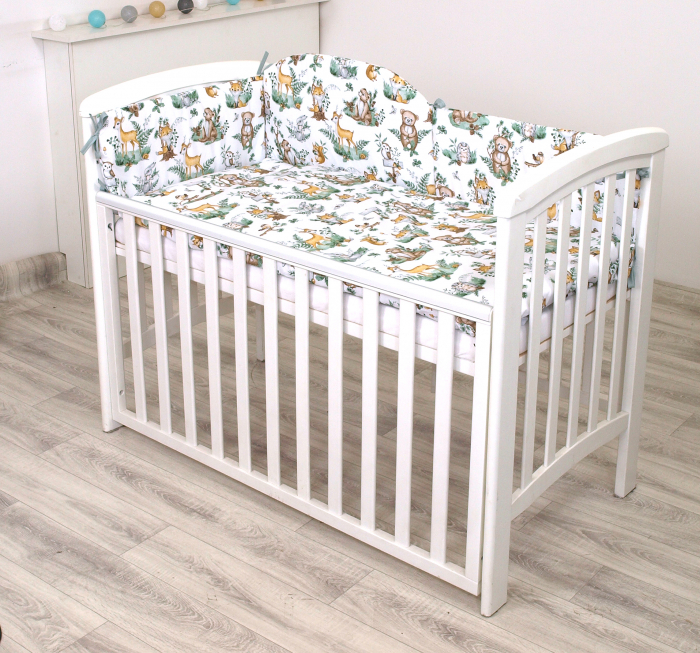 Set lenjerie din bumbac cu protectie laterala pentru pat bebe 120 x 60 cm, Animalute de padure, Amy [2]