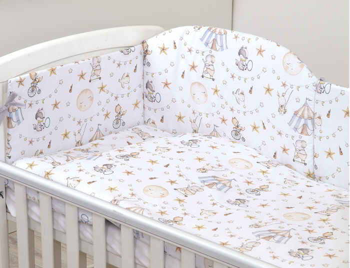 Set lenjerie din bumbac cu protectie laterala pentru pat bebe 120 x 60 cm, Circ Blue, Amy [2]