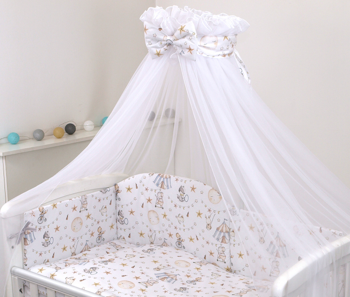Set lenjerie din bumbac cu protectie laterala pentru pat bebe 120 x 60 cm, Circ Blue, Amy [5]
