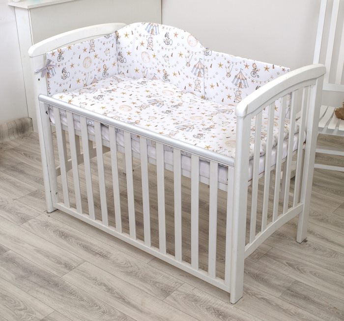 Set lenjerie din bumbac cu protectie laterala pentru pat bebe 120 x 60 cm, Circ Blue, Amy [3]