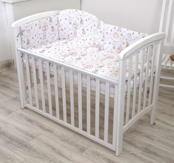 Set lenjerie din bumbac cu protectie laterala pentru pat bebe 120 x 60 cm, Circ Roz [2]