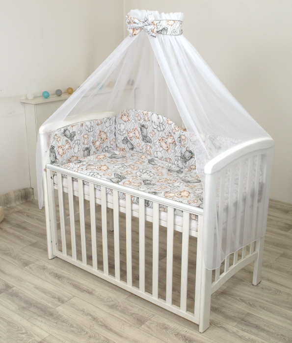 Set lenjerie din bumbac cu protectie laterala pentru pat bebe 120 x 60 cm, Safari Bej , Amy [2]