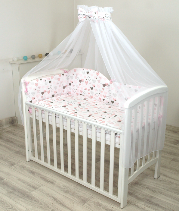 Set lenjerie din bumbac cu protectie laterala pentru pat bebe 120 x 60 cm, Inimioare , Amy [2]