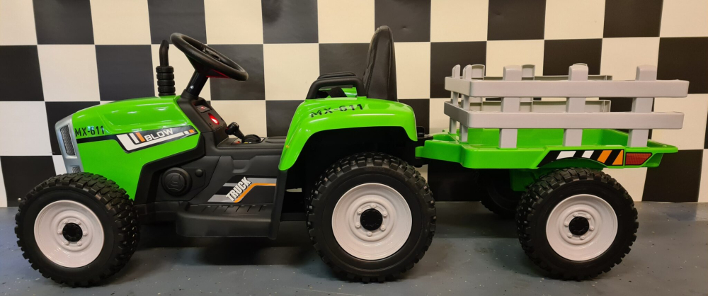 Tractor electric copii 12V cu remorcă și telecomandă, 2 motoare, scaun piele, verde [4]