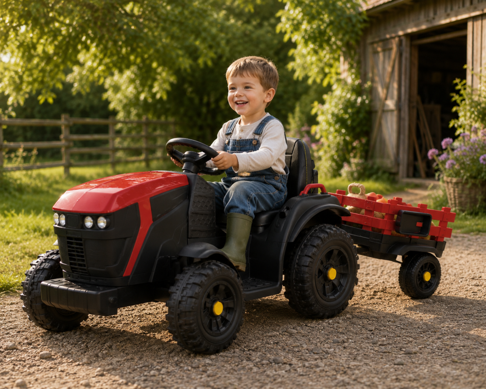 Tractor Electric pentru Copii Farmer 12V Roșu, cu Remorcă Detașabilă și Telecomandă 2.4G – Roți EVA, Scaun Piele | 3-6 Ani [2]