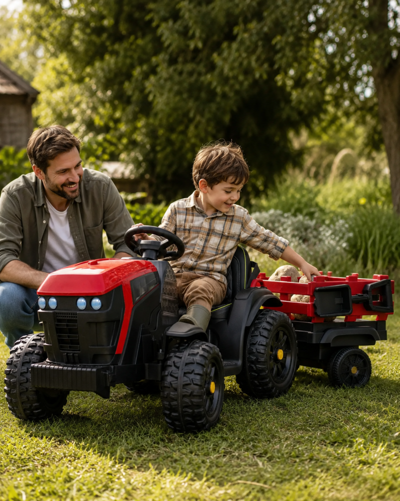 Tractor Electric pentru Copii Farmer 12V Roșu, cu Remorcă Detașabilă și Telecomandă 2.4G – Roți EVA, Scaun Piele | 3-6 Ani [2]